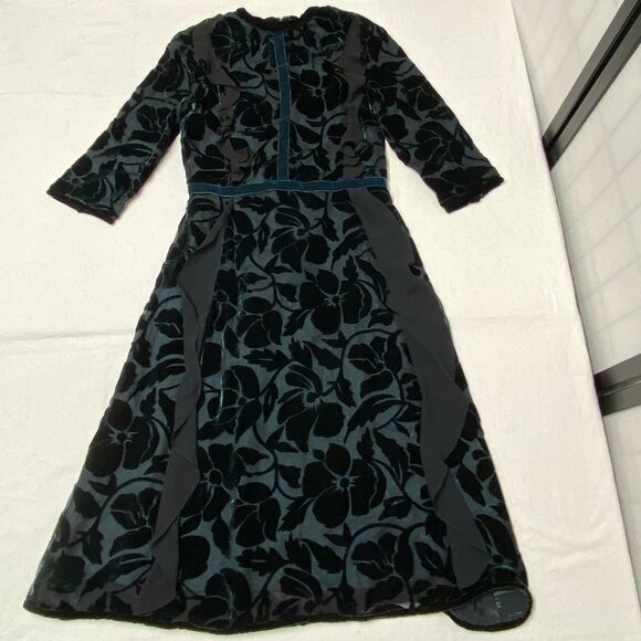 Rick Rhe Handmade Italy Silk Velvet Devore ¾ Sleeve Lined High Neck Ruffle Dress - Picture 9 of 13